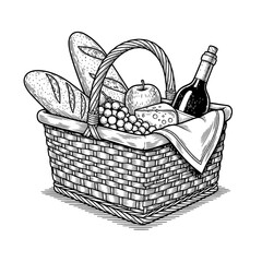 Fototapeta premium Picnic basket with snack in vintage engraving style. Sketch hand drawn vector illustration