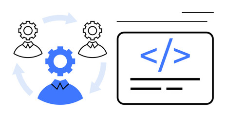 Gear-headed figures connected by circular arrows represent team collaboration workflow. Coding tag highlights development focus. Ideal for teamwork, software, coding, innovation, management
