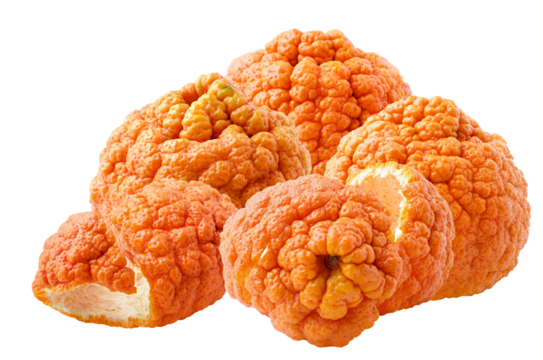 pile of large, vibrant orange dekopon fruits, known as sumo citrus, showcasing the characteristic bumpy, textured rind, isolated