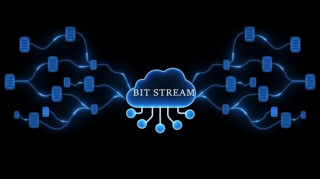 Bit Stream Cloud Network with Data Blocks and Bright Blue Circuit Lines cloud computing technology