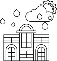 A building with a cloudy sky and rain falling on it