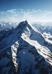 Aerial view of a snow covered mountain range with a world map overlayed in the sky above it all