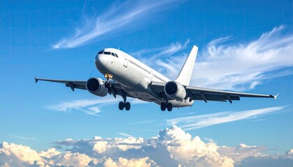 Obraz premium Commercial Airliner Ascending into a Bright Blue Sky with Wispy Clouds