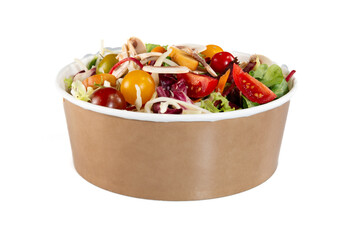 carton takeaway bowl with fast food salad fresh mixed vegetables on white background