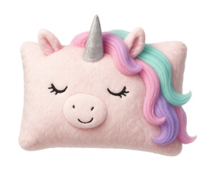 A soft, rectangular unicorn pillow toy with a sparkly horn for kids' playrooms.