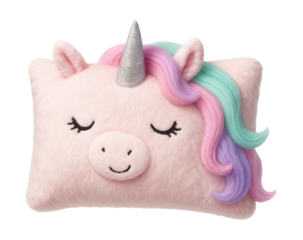 A soft, rectangular unicorn pillow toy with a sparkly horn for kids' playrooms.