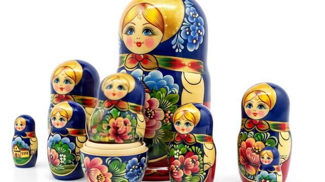 Nested wooden dolls with floral patterns arranged on white backdrop