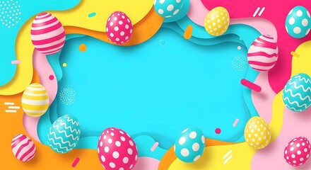 Bright and colorful easter eggs arranged around a vibrant blue blank space, perfect for holiday greetings and designs