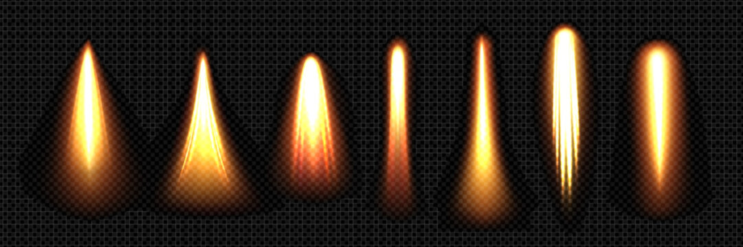 Fototapeta Space rocket fire and smoke trails set isolated on transparent background. Vector realistic illustration of aircraft launch contrail, jet engine blast, shuttle flame trace, missile motion speed effect