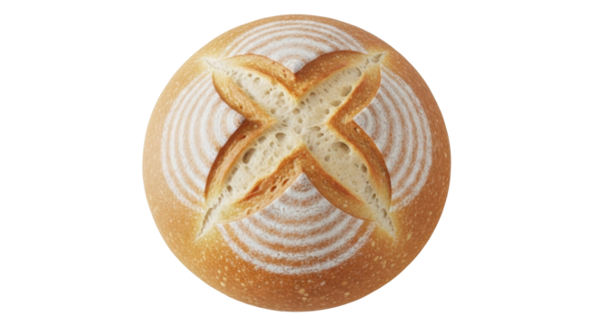 Isolated round loaf of sourdough bread with a decorative slash pattern in a top view