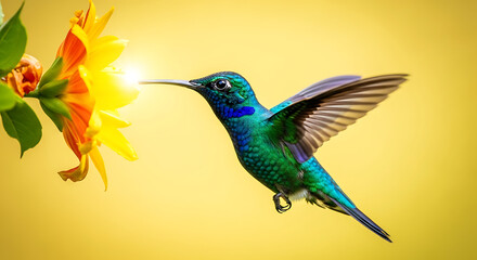 Obraz premium Vibrant Hummingbird Collecting Nectar from a Bright Yellow Flower on Golden Background