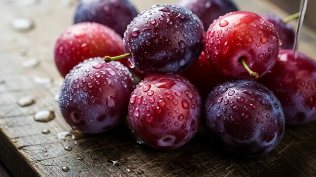 Fresh plums with water droplets on a rustic wooden surface