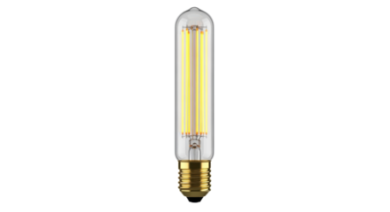 Isolated tubular lamp with filaments of light, vintage-style T10 LED bulb, clear glass
