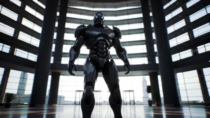 Futuristic robotic figure stands tall inside modern architecture - Powered by Adobe