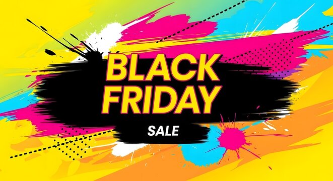Vibrant abstract background with bold black text announcing black friday sale in yellow and white, featuring colorful paint splatters and geometric shapes, perfect for promotional use