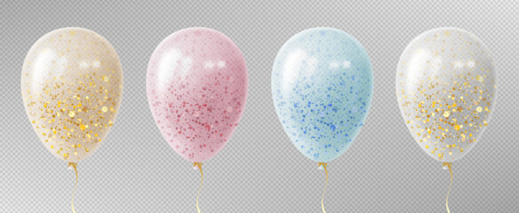 Transparent balloon collection with realistic golden, pink and blue glitter for party or celebration decorations. Glossy inflated spheres with gold strings and sparkles. Colorful festive elements.