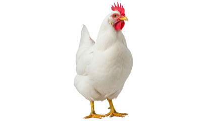 Isolated white chicken on a neutral setting, healthy farmyard fowl, poultry livestock