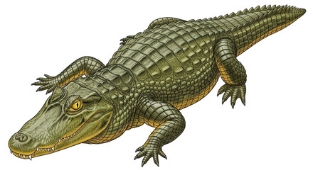Isolated Alligator, Scales, Teeth and Claws, Ready to Pounce, Wildlife Reptile Illustration