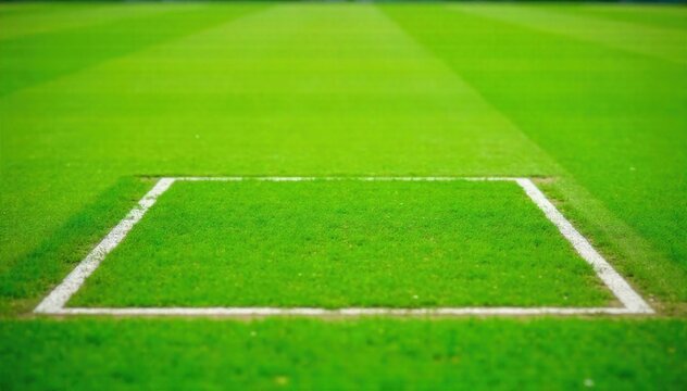 Cricket Pitch and Wicket from Above A high angle, bird s eye view of a perfectly maintained cricket pitch, highlighting the stark white lines of the rectangular pitch and the central wicket area with