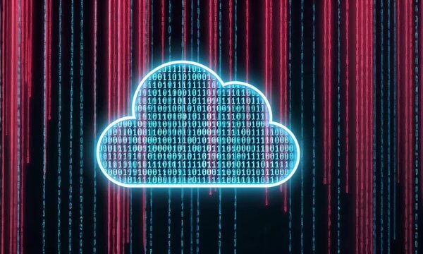A glowing cloud filled with binary code over a background of binary streams