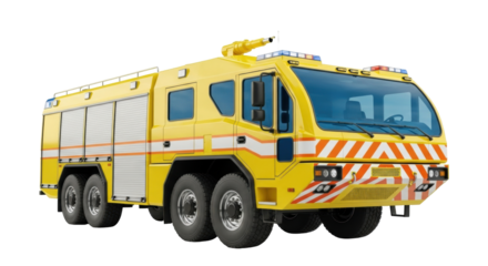 Isolated yellow airport fire engine on a bright sunny day, ready for fire suppression