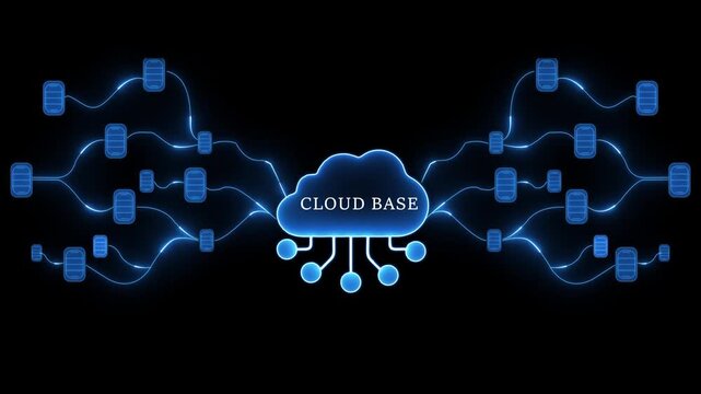 Cloud Base Network with Connected Data Nodes on Black Background cloud network connectivity