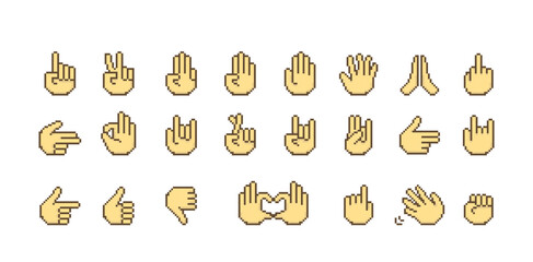 Communication elements set with various hand gestures, emojis, and emoticons pixilated, 8-bit style