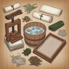 Medieval papermaking tools and materials displayed on a wooden surface