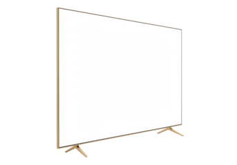 Isolated blank-screen TV set with thin gold frame and modern gold legs stands ready to display art