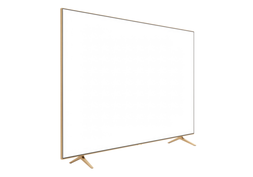 Isolated blank-screen TV set with thin gold frame and modern gold legs stands ready to display art