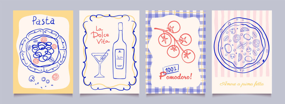 Italian food posters design. Trendy hand drawn art.  Mediterranean eat. Retro vector illustration of /*и, etc. Graphic  for  interior, restaurant, kitchen, cafe, menu.