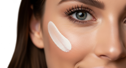 Closeup portrait of woman with cream applied on cheek, emphasizing skincare routine and beauty isolated on transparent background
