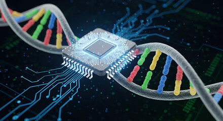Microchip merging with DNA strand biotechnology concept art