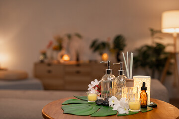 Spa wellness products serene ambiance warm lighting home treatment relaxation essential oils natural beauty holistic care cozy setting
