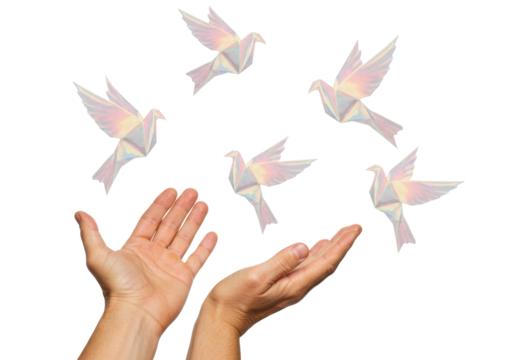 Isolated Human hands releasing origami doves into the air, symbol of freedom and peace - Powered by Adobe