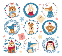 Cute animals in round Christmas wreath frames from evergreen tree and mistletoe branches, garlands