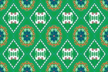 Vibrant Thai fabric pattern with emerald green background, blue floral motifs, and white diamond outlines. Inspired by traditional Thai textiles, perfect for fabric prints, decoration, and cultural de