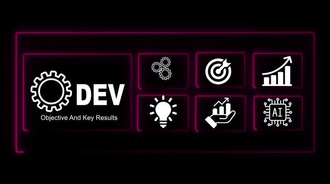 D E V Objective Key Results Icons Gear Lightbulb Target Growth A I Chip Neon Glow Business Strategy Planning Performance Metrics Innovation Technology Development Success Goals