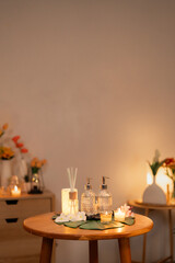 Spa ambiance creation peaceful wellness setting aromatherapy reed diffuser soothing candles relaxation massage oils tranquil atmosphere