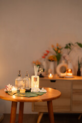Creating peaceful spa relaxation wellness with aromatherapy diffuser candle light natural home decor for serene ambiance