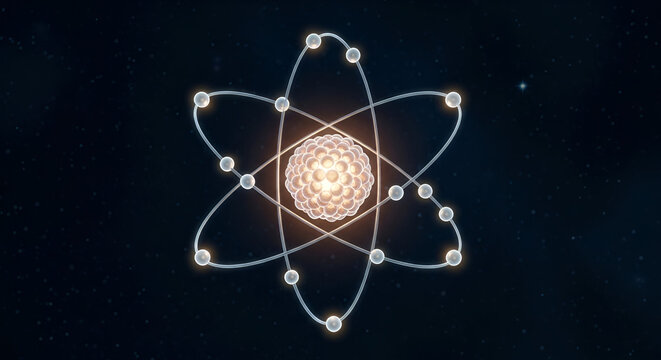 Scientific 3D illustration of atom model floating in dark space