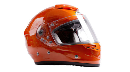 Fototapeta premium Orange motorcycle helmet with glossy protective shell modern motorbike safety gear and stylish riding accessory isolated on white background