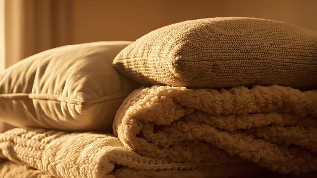 A stack of soft pillows and cozy blankets creates a warm and inviting atmosphere.