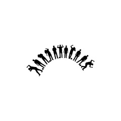 Silhouette of people in various poses forming an arc.