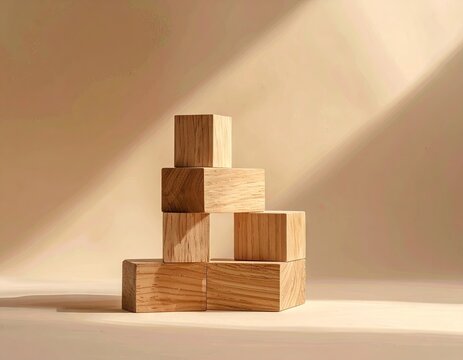 Wooden blocks artfully arranged, creating a small staircase or pyramid shape, are positioned on a neutral, light-colored backdrop with a soft, warm illumination casting gentle shadows.