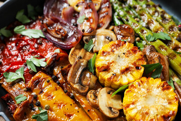 Delicious grilled vegetables, mushrooms and spices in pan, closeup