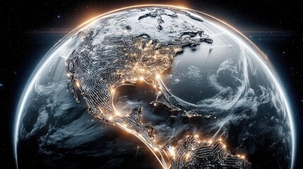 A futuristic image of Earth from space. The outline of the continents glows, revealing a network of technologies and global connectivity.