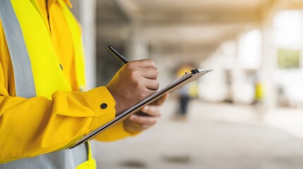 Close-Up of Construction Site Inspector Writing on Clipboard – Professional Workplace Safety Inspection