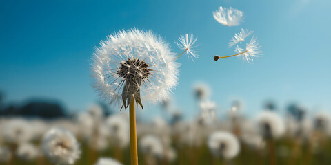 Close up of dandelion flower against blue sky, Dandelion seed head in a sunny spring meadow.
