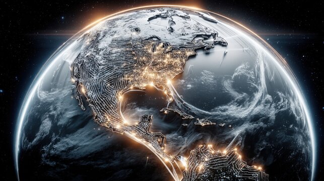 A futuristic image of Earth from space. The outline of the continents glows, revealing a network of technologies and global connectivity. - Powered by Adobe